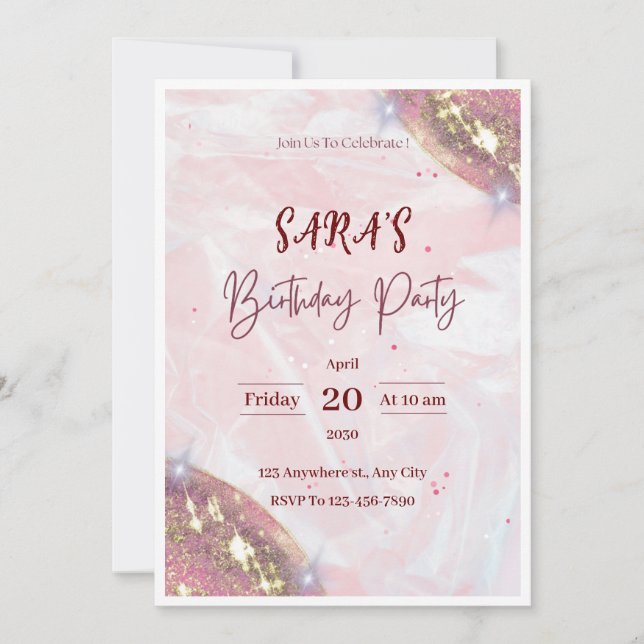 Aquarelle rose Invitation de fête d'anniversaire (Devant)