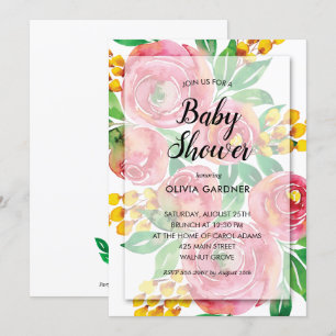 Aquarelle rose jaune Baby shower Floral Invitation