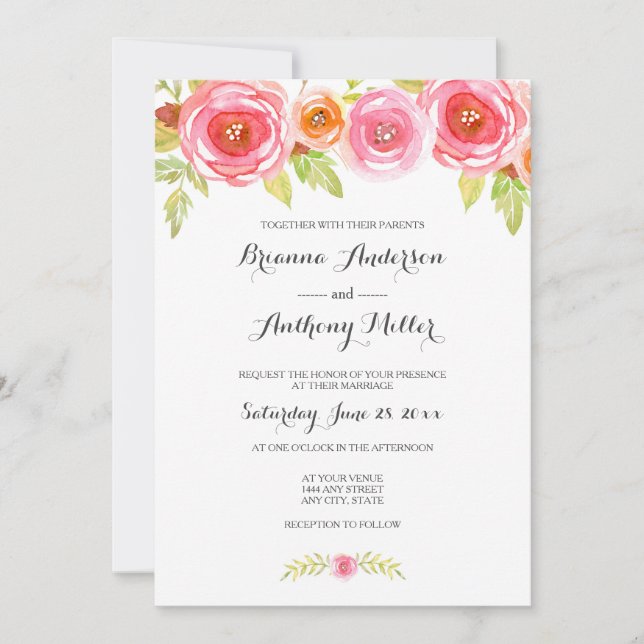 Aquarelle rose Mariage floral Invitation 3605 (Devant)