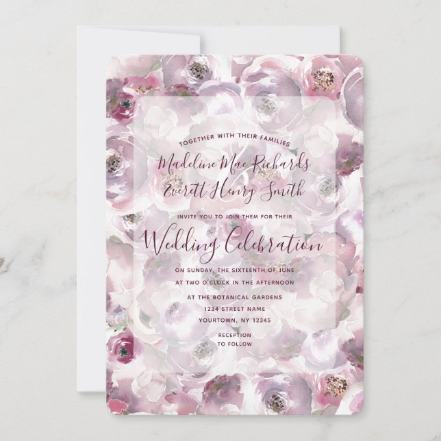 Aquarelle rose mauve Faire-part de mariage Floral (Devant)