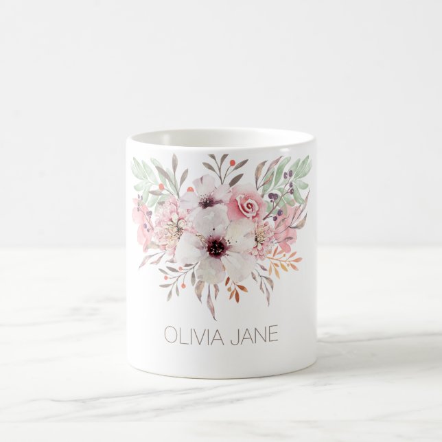 Aquarelle rose moderne Mug blanc floral (Centre)