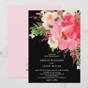 Aquarelle rose Noir Floral Invitations de mariage