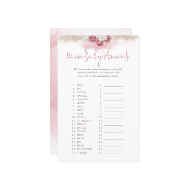 Aquarelle rose Nom Bébé Animaux Baby shower Jeu (Devant/Arrière en situation)