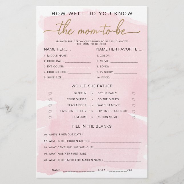 Aquarelle rose Or connaître le jeu Maman-to-be (Devant)