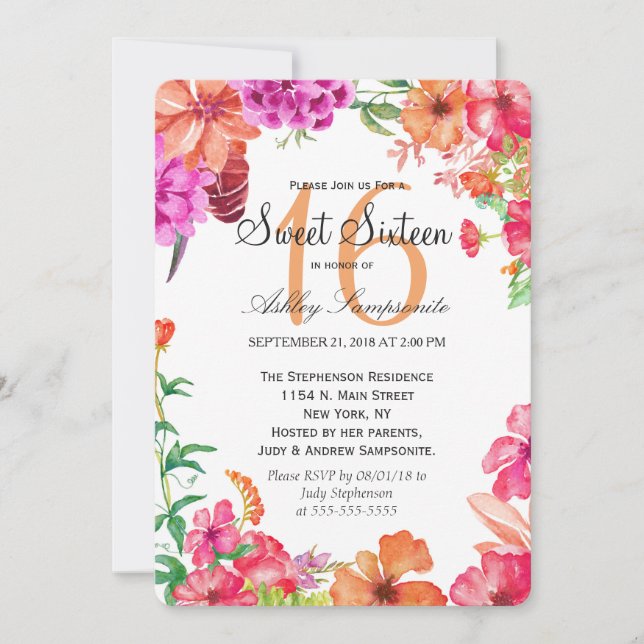 Aquarelle rose orange Jardin sucré 16 Invitations (Devant)