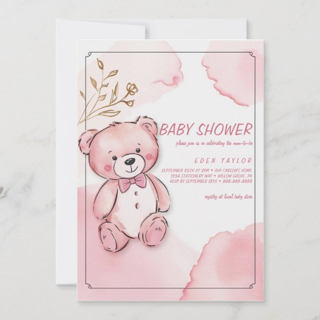 Aquarelle rose ours bébé invitations douche (Devant)