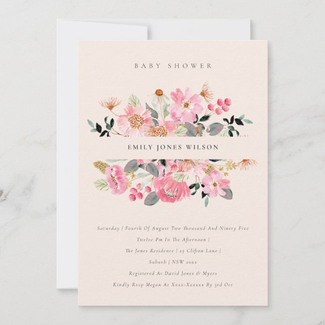 Aquarelle rose pâle Baby shower Floral Invitation (Devant)