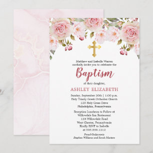 Aquarelle rose pâle Invitation Baptême florale