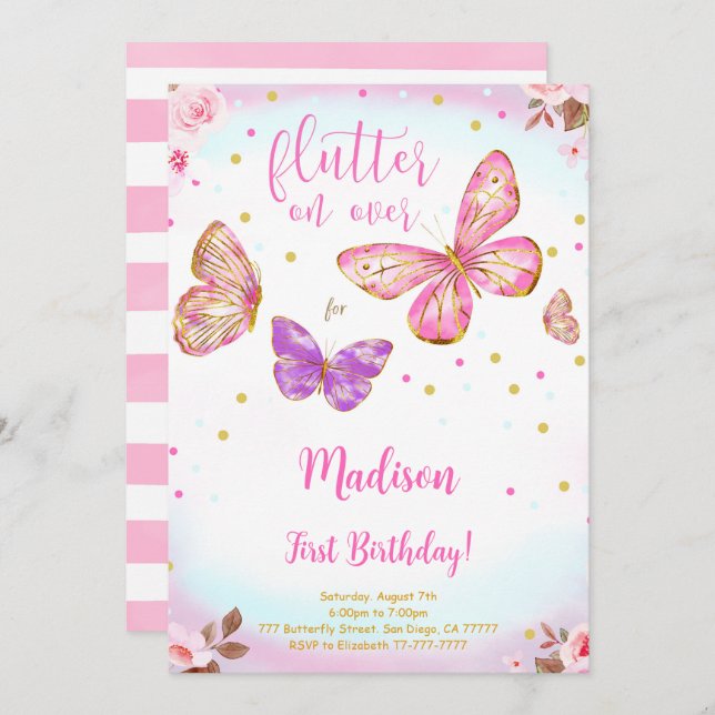 Aquarelle rose Papillon Invitation d'anniversaire (Devant / Derrière)