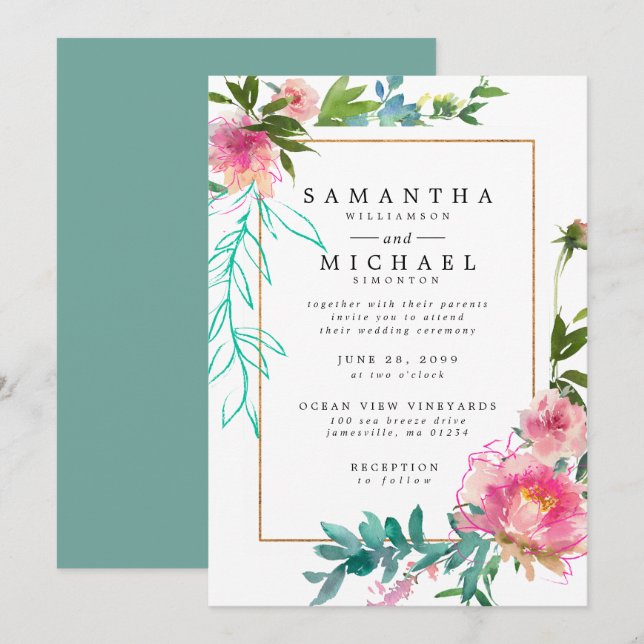 Aquarelle rose Peony Floral Mariages Invitations (Devant / Derrière)