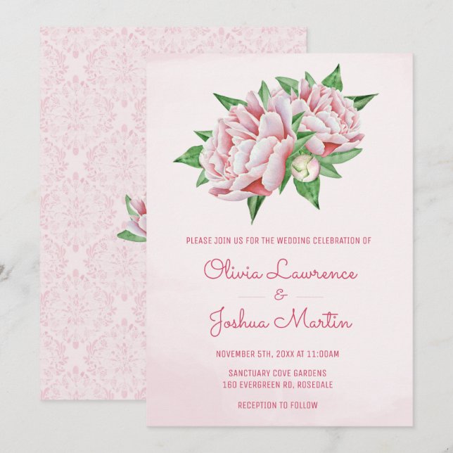 Aquarelle rose Peony Invitations de mariage (Devant / Derrière)