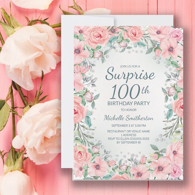 Aquarelle rose perles Roses florales 100e annivers (Pink floral Surprise 100th birthday invitation)