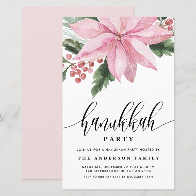 Aquarelle rose Poinsettia Hanoukka Invitation (Devant / Derrière)