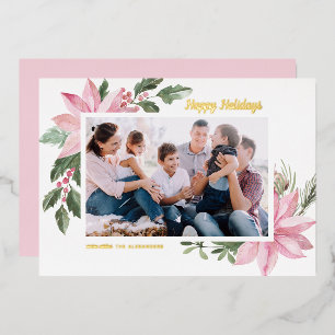 Aquarelle rose Poinsettias Joyeuses vacances Photo