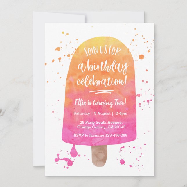 Aquarelle rose Popsicle Invitation d'anniversaire (Devant)