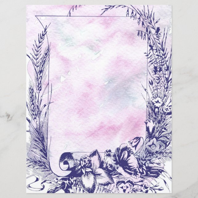 Aquarelle rose Purple Floral Scroll Papier cadre (Devant)