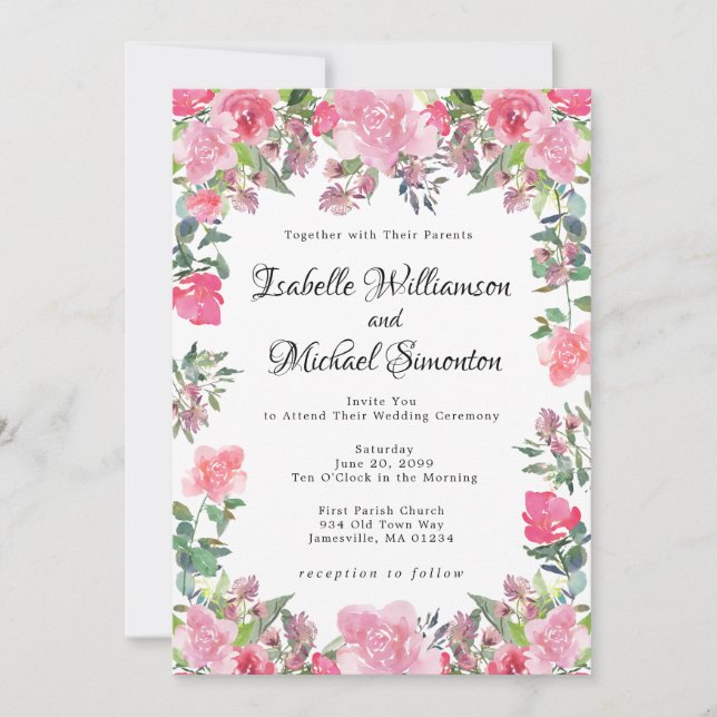 Aquarelle rose Roses de mariage Invitations (Devant)