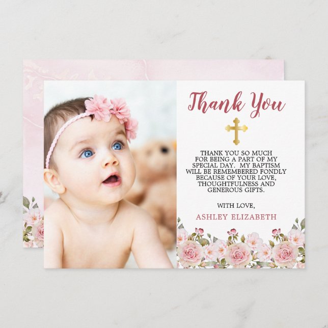 Aquarelle rose Roses Floral Baptême Merci (Devant / Derrière)