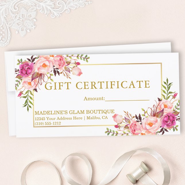 Aquarelle Rose Roses Floral Gold Certificat cadeau (Customize to change text size, style, color or to add text to back of certificate.)