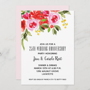 Aquarelle rose rouge Floral Anniversaire Invitatio