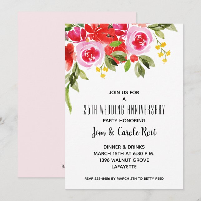 Aquarelle rose rouge Floral Anniversaire Invitatio (Devant / Derrière)