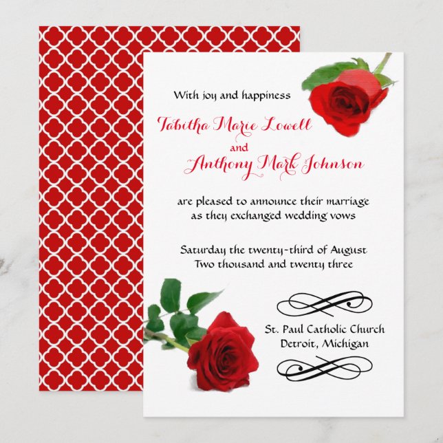 Aquarelle Rose Rouge - Invitation de Mariage (Devant / Derrière)
