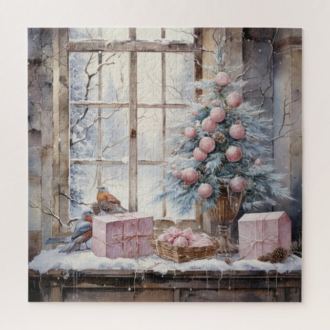 Aquarelle rose Shabby Chic Puzzle de Noël (Vertical)