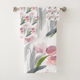Aquarelle rose Tulipes Sage Vert Feuille Blanc