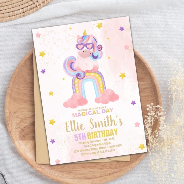 Aquarelle rose Unicorne Invitation Anniversaire (Watercolor Pink Unicorn Birthday Invitations)