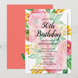 Aquarelle rose vibre Floral Invitation d'anniversa