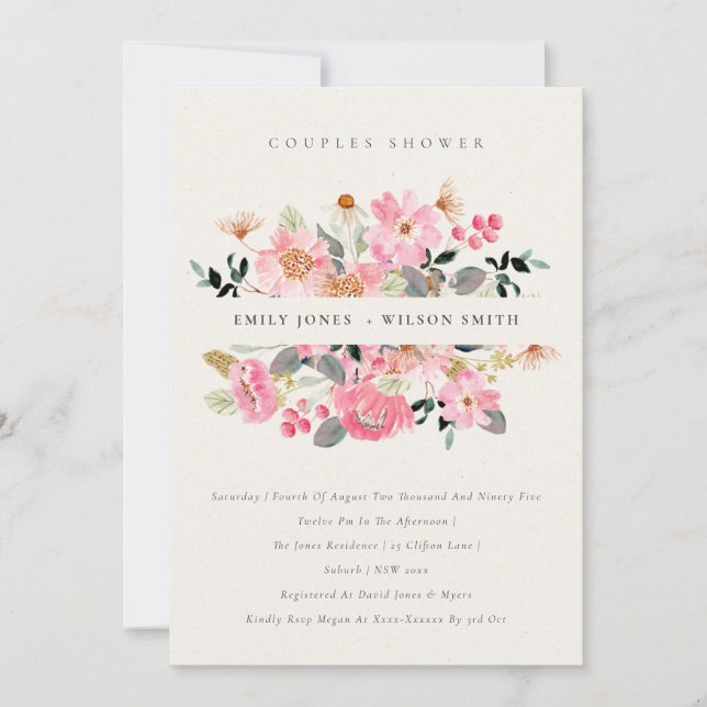 Aquarelle rose vif Flora Couples Invitation douche (Devant)