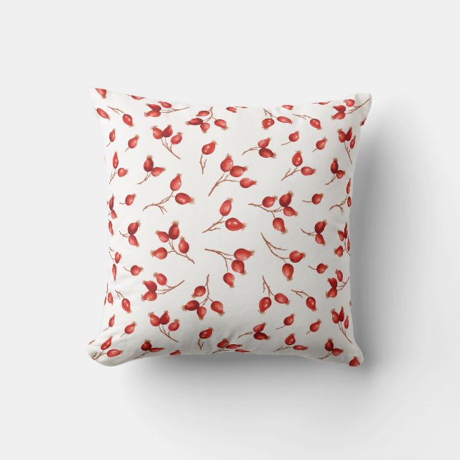 Aquarelle Rosehips Rouge et Blanc. Coussin décorat (Recto)
