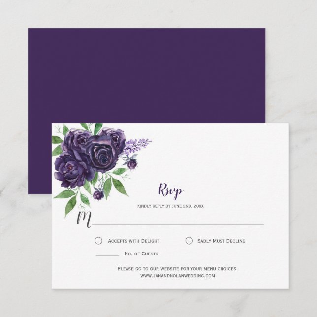 Aquarelle Roses Foncé Pourpre Verdure RSVP (Devant / Derrière)