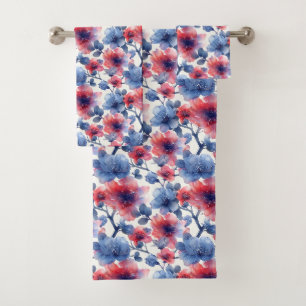 Aquarelle rouge, fleurs bleues sur le blanc