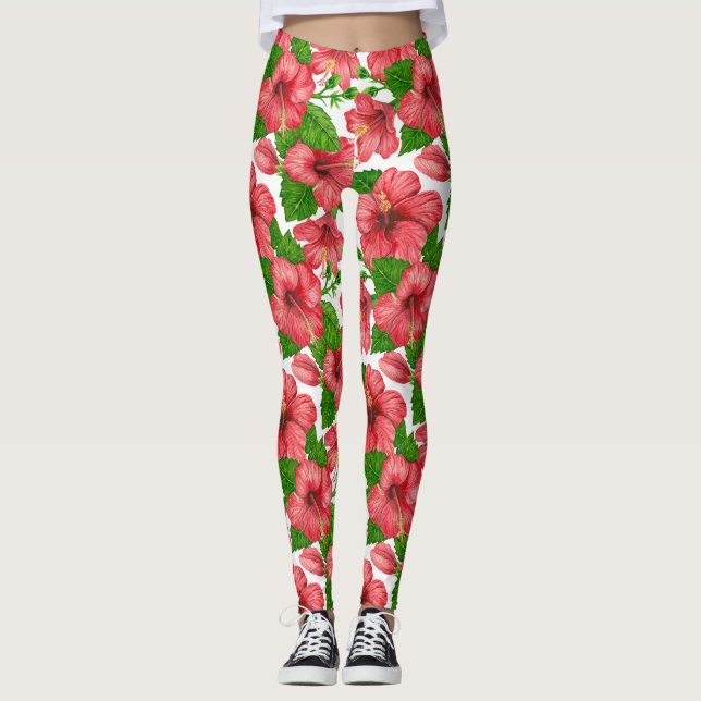 Aquarelle rouge hibiscus motif leggings (Devant)