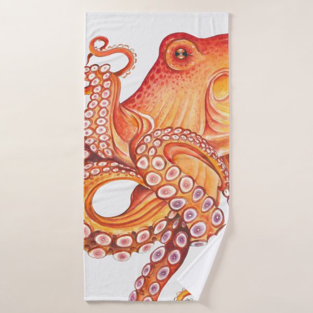 Aquarelle rouge orange octopique (Serviette de bain)