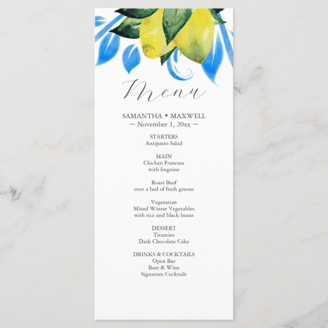 Aquarelle rustique Branche de citron Menus Mariage (Devant)