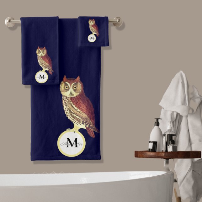Aquarelle rustique Chouette Nom Monogramme Marine  (Créateur téléchargé)
