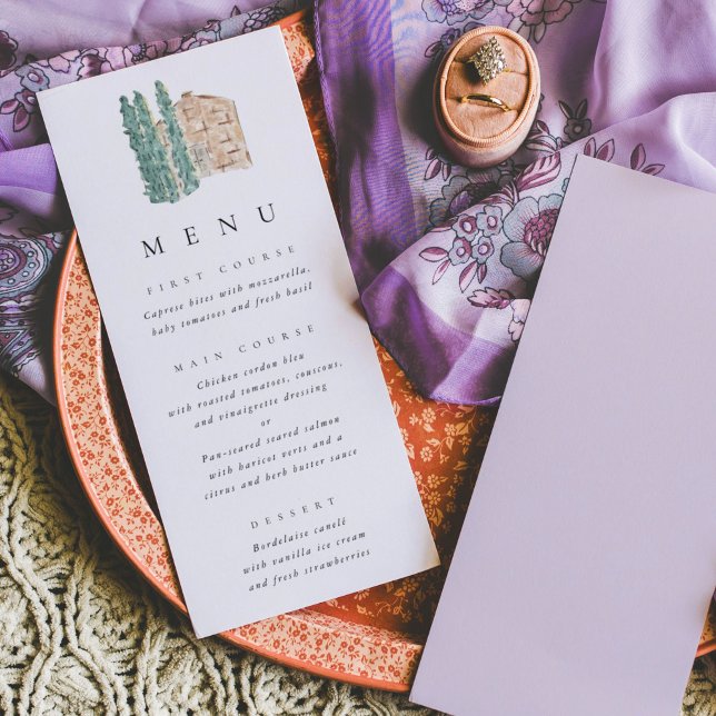 Aquarelle Rustique Cypress Trees Menu Mariage (Watercolor cypress tress for a lavender fields wedding menu.)