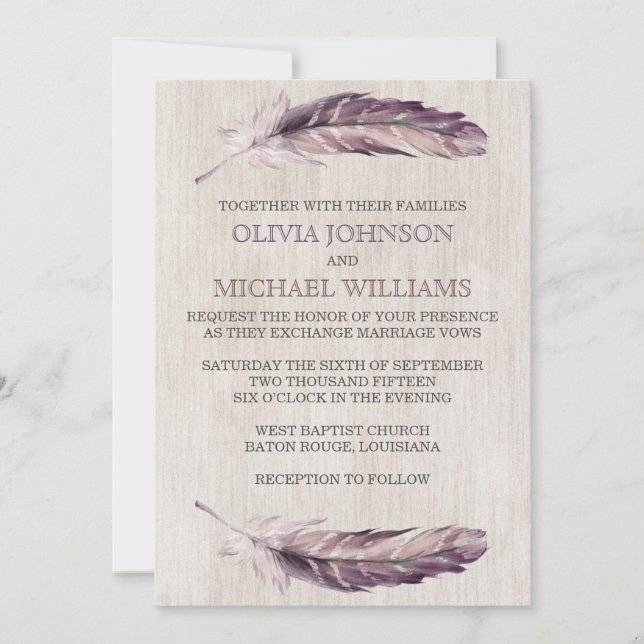Aquarelle rustique plumes Invitations de mariage (Devant)