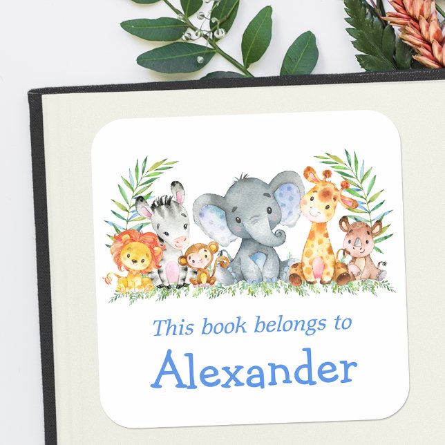 Aquarelle Safari Animaux Blue Bookplate Étiquette (Customize to change text size, color or text style.)