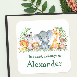 Aquarelle Safari Animaux Green Bookplate Étiquette