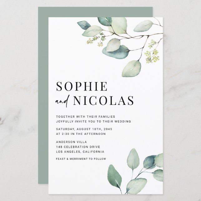 Aquarelle Sage Green Eucalyptus Mariage Invitation (Devant / Derrière)