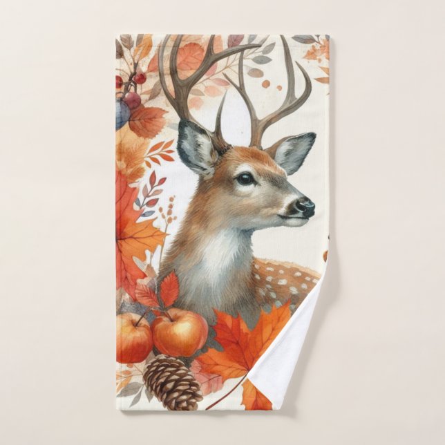 Aquarelle Saison Automnale Feuilles Orange et Cerf (Serviette à main)