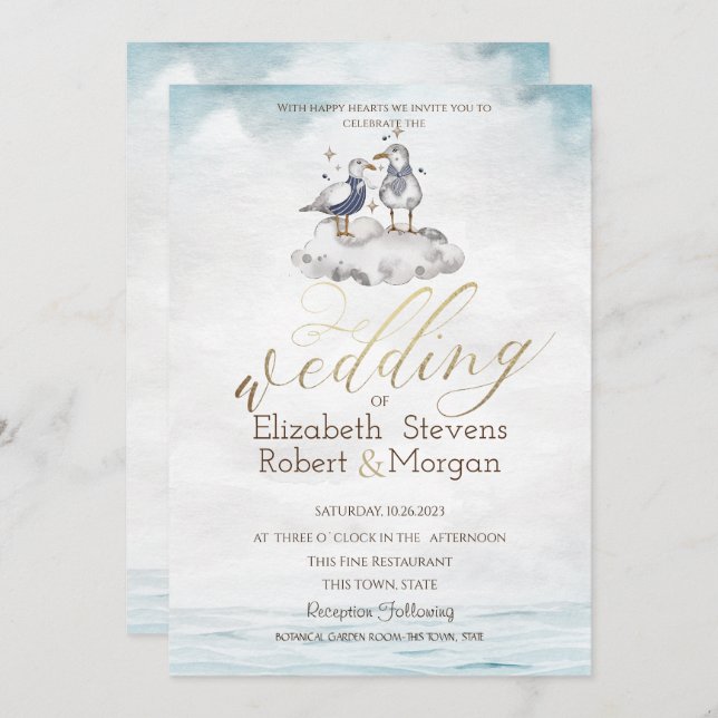 Aquarelle Seagulls Plage Mariage Invitation (Devant / Derrière)
