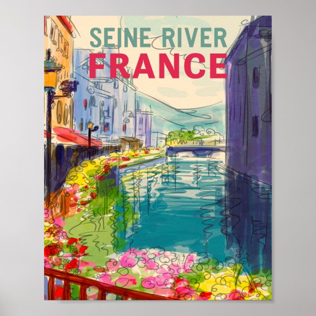 Aquarelle Seine River France Affiche de voyage (Devant)