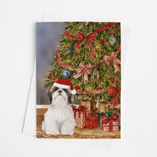 Aquarelle Shih Tzu sous la carte d'arbre de Noël