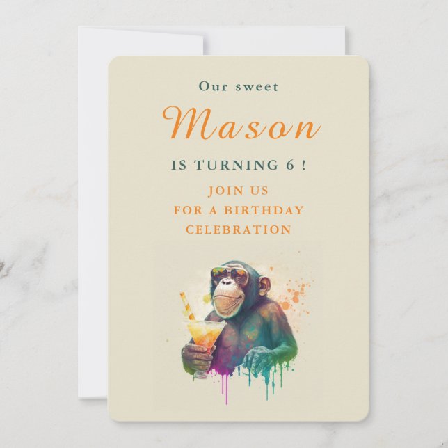 Aquarelle Singe - Carte d'invitation d'anniversair (Devant)