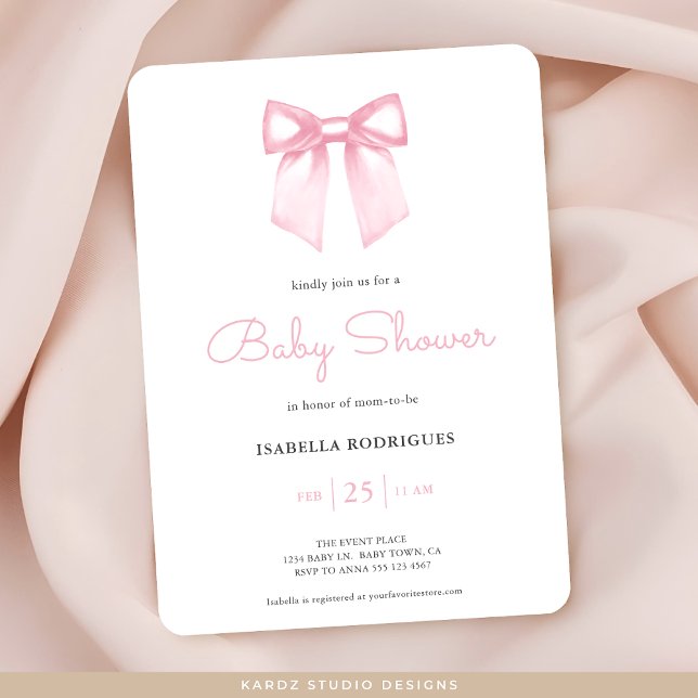 Aquarelle Soft Rose Bow Baby shower Invitation (Invitation in 5 x 7 inches with rounded corners. Choose corner and paper style, prints or digital.)