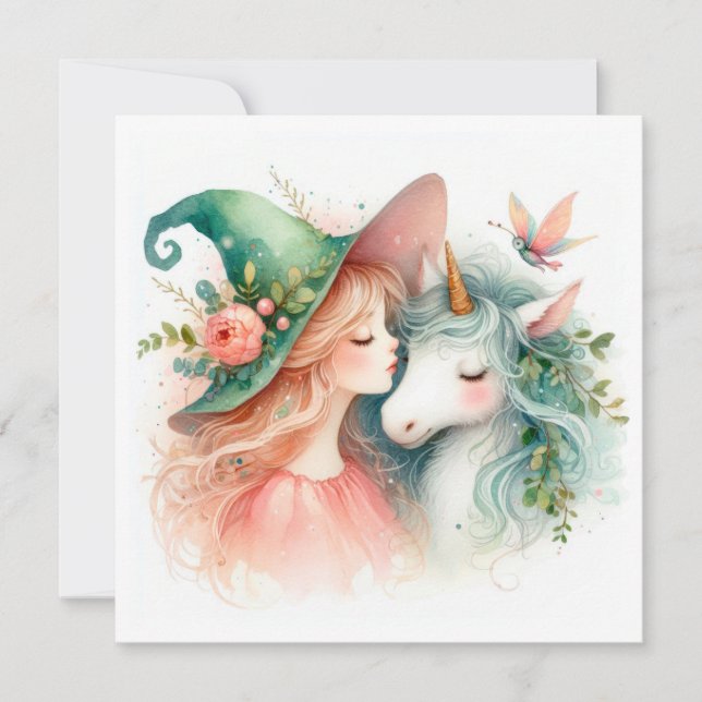 Aquarelle Sorcière Unicorne Imaginaire Art Magique (Devant)